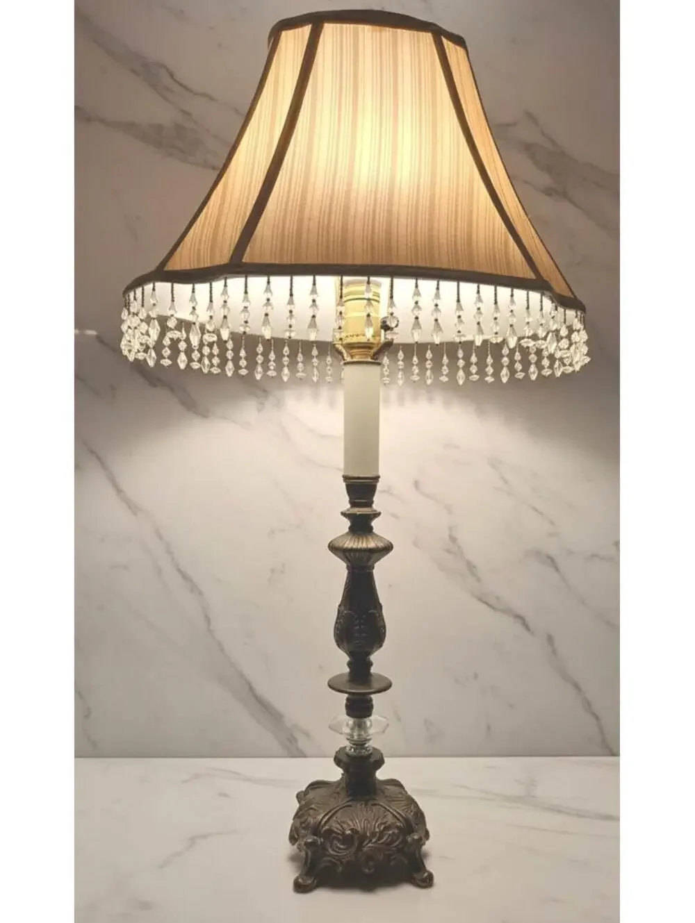 Vintage Brass Marble Claw Foot Table Lamp with Beaded Fringe Shade